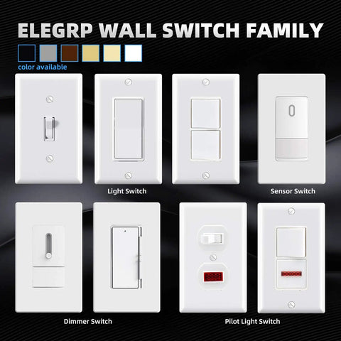 Elegance wall switch family showing various designs, including glossy white single pole decorator light switch 15 amp 120 to 277 volt.