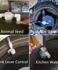 Two Pack Three Quarter Inch Side Inlet Float Valve For Water Tanks shown in different settings: animal feed, fountain gardens, tank lever control, kitchen water.