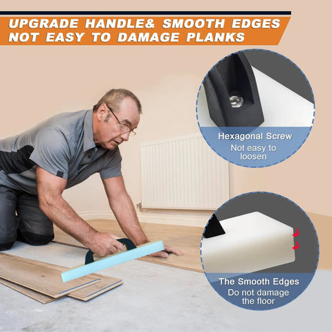 Man using heavy duty flooring tapping block for laminate vinyl hardwood and engineered wood with built in handle