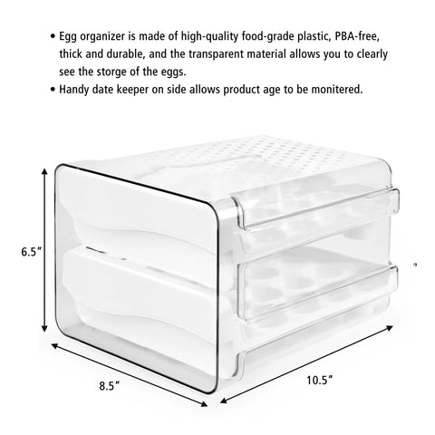 Clear plastic egg holder for refrigerator with 40 egg capacity, two tray design, includes time tracker, nonslip lid top, dimensions labeled.