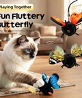 Smart Sensing Flapping Butterfly Cat Toy With Auto Activation That Triggers When Your Cat Approaches Realistic Flutter Motion Sparks Play Engages Hunting Instincts Totally Interactive Blue Butterfly Toy For Cats To Chase And Pounce. Blue plush cat toy with butterfly wings shown beside a cat