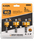 KATA 3-piece thin-wall hole saw set with orange hubs; sizes 7/8, 1-1/8, 1-3/8 inches; 1/4 hex shank