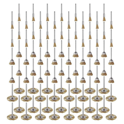 Set of 90 brass wire brushes for rotary tools, including T-shape, pen-shape, and bowl-shape for rust paint removal and cleaning.