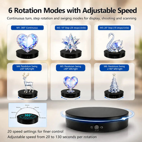 Motorized Rotating Display Stand 7.87 Inch Electric Spinning Turntable With Silent Operation showcasing 6 rotation modes and adjustable speed.