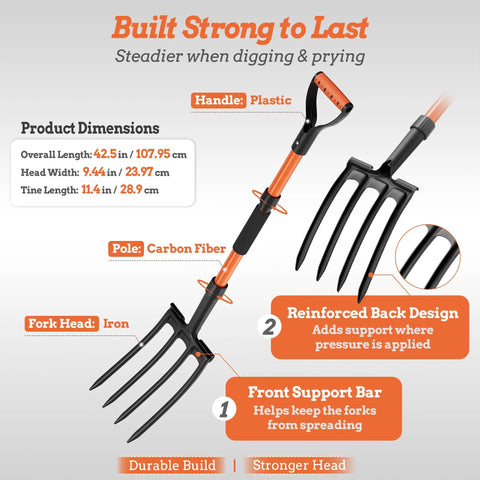4-Tine Pitch Fork With Foot Step, Ergonomic Y-Handle Garden Digging Fork For Soil Loosening, Compost, Mulch with dimensions shown