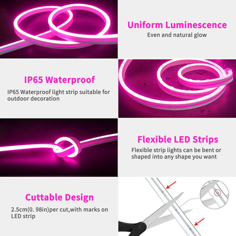 Neon LED Rope Lights 10ft With Remote App Control IP65 Waterproof Flexible Strip 12V RGB Neon Lights feature list