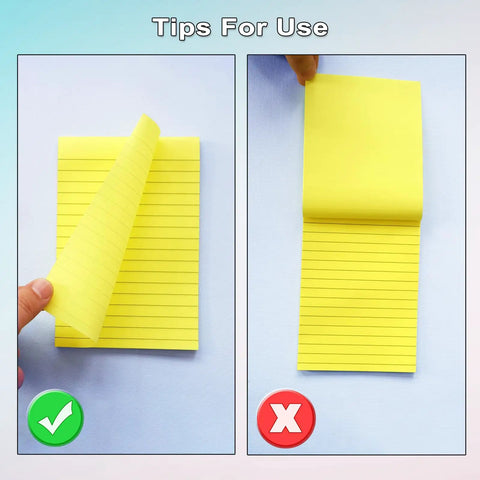 Correct and incorrect way to peel 9 Pack 4x6 Inch Lined Sticky Notes With 35 Sheets Per Pad, Pastel Colors Memo Pads For Office And Home, Crazy Sticky Adhesive.