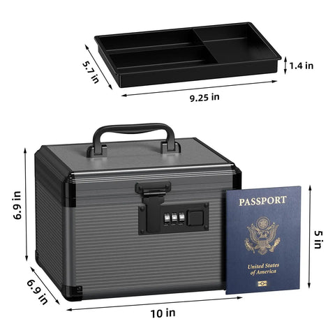 Code Lock Medicine Box With Removable Tray For Home Use Portable First Aid Box For Pills Or Meds Tough Aluminum Alloy Safe Box 10 By 6.9 By 6.9 Inches Black with tray and passport for scale