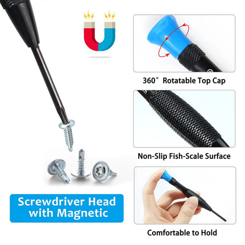 18 Piece Magnetic Screwdriver Set showing magnetic head and features like 360 rotatable cap, non-slip grip surface, ideal for repair.