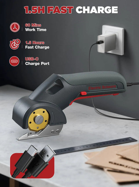 Cordless 4V Cutting Tool for Cardboard Fabric Leather and Carpet with 2000mAh Battery and Two Titanium Blades, charging on table