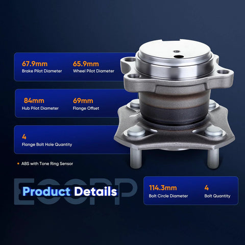 Pair Of Rear Wheel Hub Bearing Assemblies With ABS 4 Lug Direct Fit Plug And Play Drop In Replacement For Nissan Sentra 2007 2008 2009 2010 2011 2012 Premium Quality Durable Long Lasting Vehicle Safety product diagram