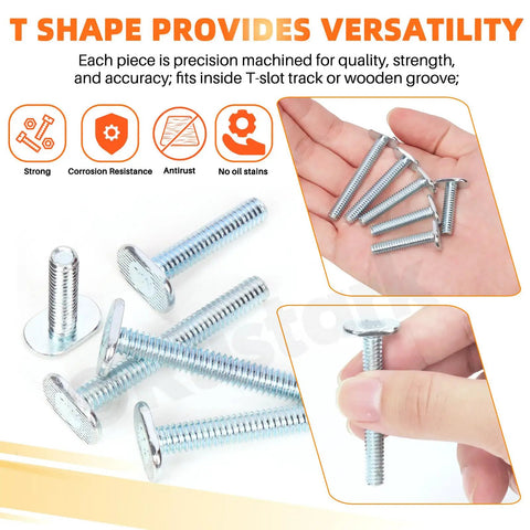 40-Piece Tee Bolts Set With 5 Sizes 1/4-20 T Bolts For T Track And T-Slot Systems, hand holding multiple bolts