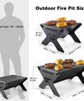 Two sizes of portable folding charcoal grill for outdoor cooking and campfires with food on grates, showcasing dimensions and person for scale.