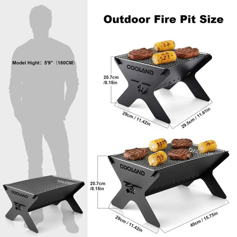Two sizes of portable folding charcoal grill for outdoor cooking and campfires with food on grates, showcasing dimensions and person for scale.