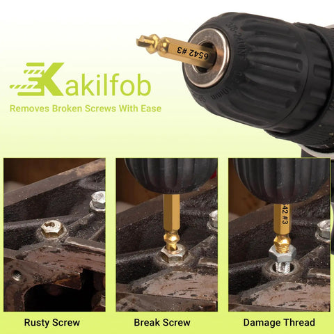 Easy Out Screw Extractor Set And Left Hand Drill Bit Kit demonstrating screw and bolt extraction on metal surface.