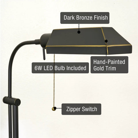 58 Inch Adjustable Standing Pharmacy Floor Lamp With Brushed Pewter Finish And Heavy Base Dope Look, Easy Pull Chain, Energy Efficient 6W LED Bulb Replacing 60W, Modern Reading Lamp For Living Room Or Office with dark bronze finish and hand-painted gold trim.