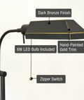 58 Inch Vintage Adjustable Pharmacy Floor Lamp With 6W LED Dark Bronze Finish Mid Century Modern Standing Reading Light With Telescoping Pole For Living Room Or Office Decor Dope featuring dark bronze finish, gold trim, and zipper switch.