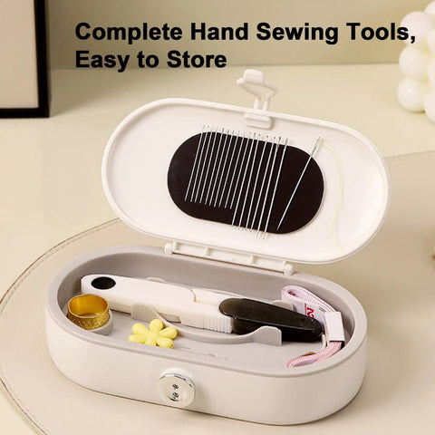 Grab And Go Travel Sewing Kit With Round Case Emergency Repair Gear With Needles Thread Scissors Thimble Easy For Beginners Dorm And Home Essentials In Yellow Green Or White in open white case showing tools inside