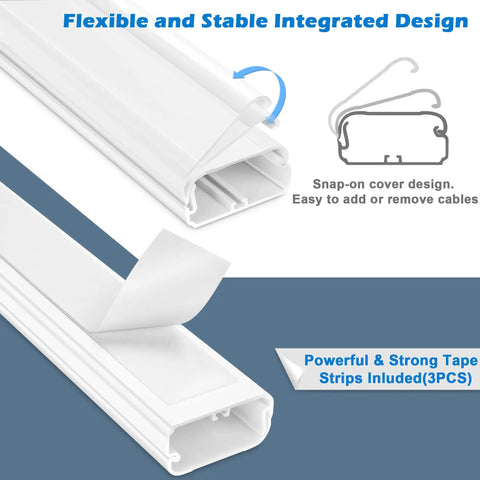 TV Cord Hider 39 Inch Wall Cable Concealer Kit with tape strips and snap-on cover design for wall mounted TVs shown open