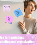 Person holding a fridge with 3x3 kawaii sticky notes from 9 Pads Cute Sticky Notes Set for Teachers and Office