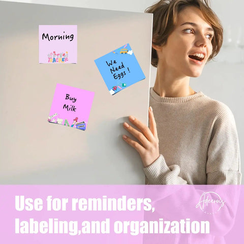 Person holding a fridge with 3x3 kawaii sticky notes from 9 Pads Cute Sticky Notes Set for Teachers and Office