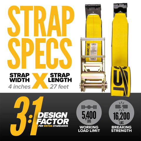 Two Pack 4 Inch Ratchet Straps 27 Foot With Flat Hooks And Built In Defenders Beefy Yellow Polyester Tie Downs For Flatbed Trailers 5400 Lb Working Load Limit, showing specifications and strap design features.