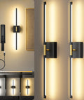 Super Slick 29 Inch Wall Sconces Set Of 2, Matte Black With Gold Accents, 10000 Mah Rechargeable Battery Wall Lights.