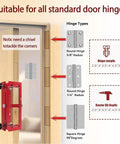 Heavy Duty Adjustable Aluminum Door Hinge Jig And Lock Installation Kit featuring hinge types and dimensions for precision alignment.