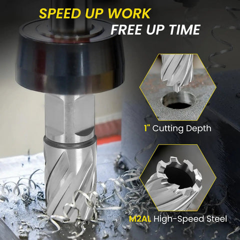 14 Piece Annular Cutter Set Featuring M2AL High Speed Steel Weldon Shank Magnetic Drill Bits Heavy Duty Hole Boring Kit cutting into metal.