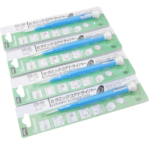 Top Tier 4 Piece Ceramic Screwdriver Set Featuring Dead Nuts Accurate Non Inductive Zirconia Tips For Smooth Adjustment Of Resistors Capacitors And Inductors Everyday, showing four blue ceramic screwdrivers.