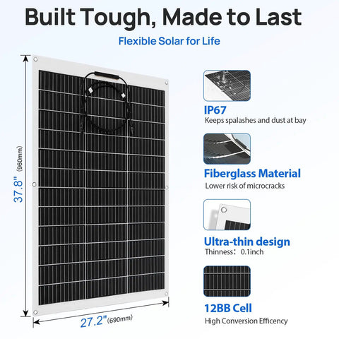260W 12V Flexible Solar Panel Kit with Dual 130W Mono Panels featuring IP67 rating, fiberglass material, ultra-thin design, and 12BB cells.
