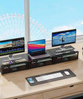 Ergonomic Computer Monitor Stand Riser With Drawers And Tray, Pro Desk Organizer For Home Office, Printer Stand, Keyboard And Accessories Storage Set, Black in use on desk with monitors and keyboard.