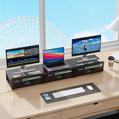 Ergonomic Computer Monitor Stand Riser With Drawers And Tray, Pro Desk Organizer For Home Office, Printer Stand, Keyboard And Accessories Storage Set, Black in use on desk with monitors and keyboard.