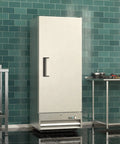 Rock Solid Heavy Duty 25 Inch Single Door Stainless Steel Commercial Freezer 11 Cubic Foot Reach In Unit in a kitchen setting.