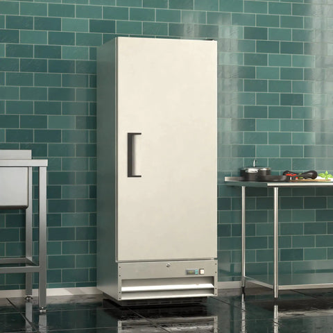 Rock Solid Heavy Duty 25 Inch Single Door Stainless Steel Commercial Freezer 11 Cubic Foot Reach In Unit in a kitchen setting.