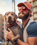 Man wearing Be Kind To Nature Lightweight Trucker Hat For Men With Adjustable Buckle In Saffron Color holding a dog outdoors