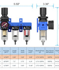 Diagram of 3 Stage Air Dryer System For Compressors With 1/4 Inch NPT, showing dimensions and filter types, blue housing