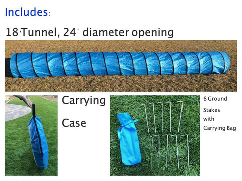 Dog Agility Tunnel For Training And Fun, Rip-Resistant 420D Polyester, 24 Inch Diameter, 18 Feet Long, Includes Carry Bag And Ground Stakes.