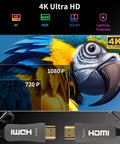 Fiber Optic HDMI Cable 60ft For Dope 4K At 60Hz 18Gbps High Speed 444 422 420 HDR Dolby Vision HDCP22 ARC 3D Slim Flexible Glass Fiber Cable For A Dope Home Theater Setup connected to a 4K Ultra HD display showing a colorful parrot.