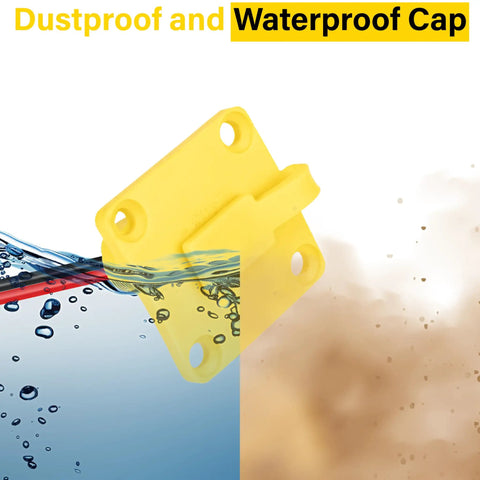 Solid 1 Foot Xt60 Male To Female Panel Mount Cable 12 Awg cap shown in water and dust, demonstrating waterproof capabilities.