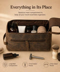 Premium Travel Wash Bag For Men And Women Rock Solid Buffalo Leather Shaving Kit Pouch with large main compartment and zipper.