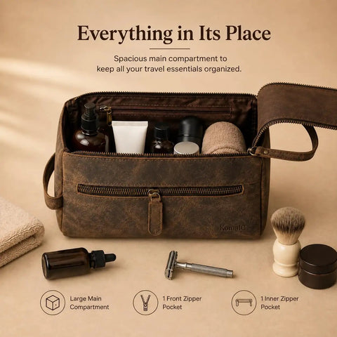 Premium Travel Wash Bag For Men And Women Rock Solid Buffalo Leather Shaving Kit Pouch with large main compartment and zipper.