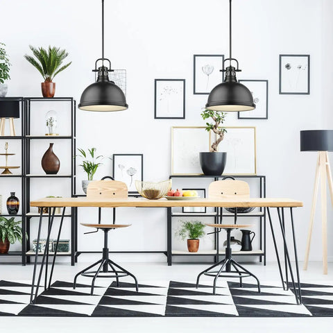 Duncan Pendant Light In Matte Black With Matte Black Shade Industrial Modern Ceiling Fixture in a dining room setting