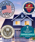 Collage of a modern home with Garage Door Security System For Home Protection badge and made in USA seal