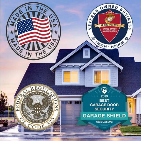 Collage of a modern home with Garage Door Security System For Home Protection badge and made in USA seal