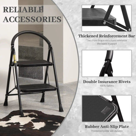 2 Step Folding Step Stool With Wide Anti Slip Pedal And Comfort Handgrip Lightweight Steel Ladder Portable For Home Easy Open Safety Fold Supports Up To 330 Pounds in a living room with reinforcement features and anti-slip detail.