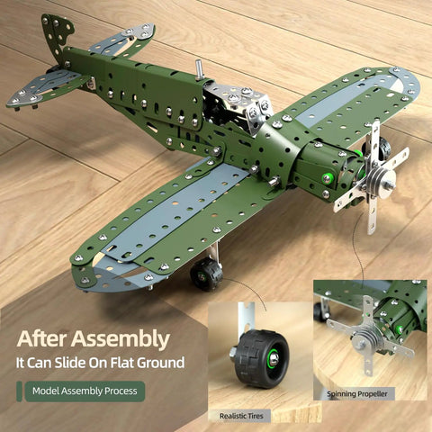 Hands-On DIY Model Airplane Kit With 285 Metal Parts, Fighter Jet STEM Building Project shown fully assembled on wood surface