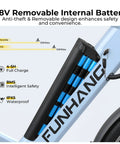 Close-up of 48V removable battery on High Power 1000W Peak Electric Bike For Adults with safety features and range details.
