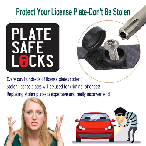 Anti Theft License Plate Frames With Carbon Fiber Look Aluminum Construction And Stainless Steel Anti Theft Screws For Front And Rear US Cars Protect Your Tags From Thieves And Weather While Keeping Your Car Clean product information graphic