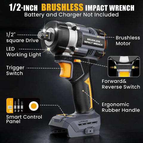 Half Inch Cordless Impact Wrench Compatible With DeWalt 20V Max Batteries High Torque For Heavy Duty Jobs, ergonomic handle